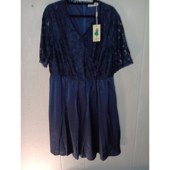 Nemidor Women Plus 18 Navy Blue Lace Stretch V Neck Cocktail Retro Dress Zip NWT - Picture 1 of 10